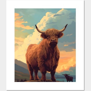 Highland Cattle Sunset Retro Art | Vintage-Inspired Landscape with Scottish Cows Posters and Art